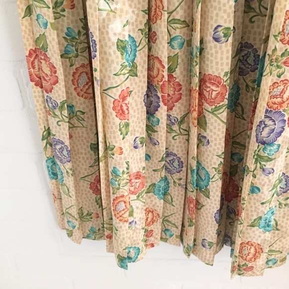Vintage Midi skirt Pleated Satin Floral print Fairy Cream Peach Aqua purple L - Picture 9 of 12